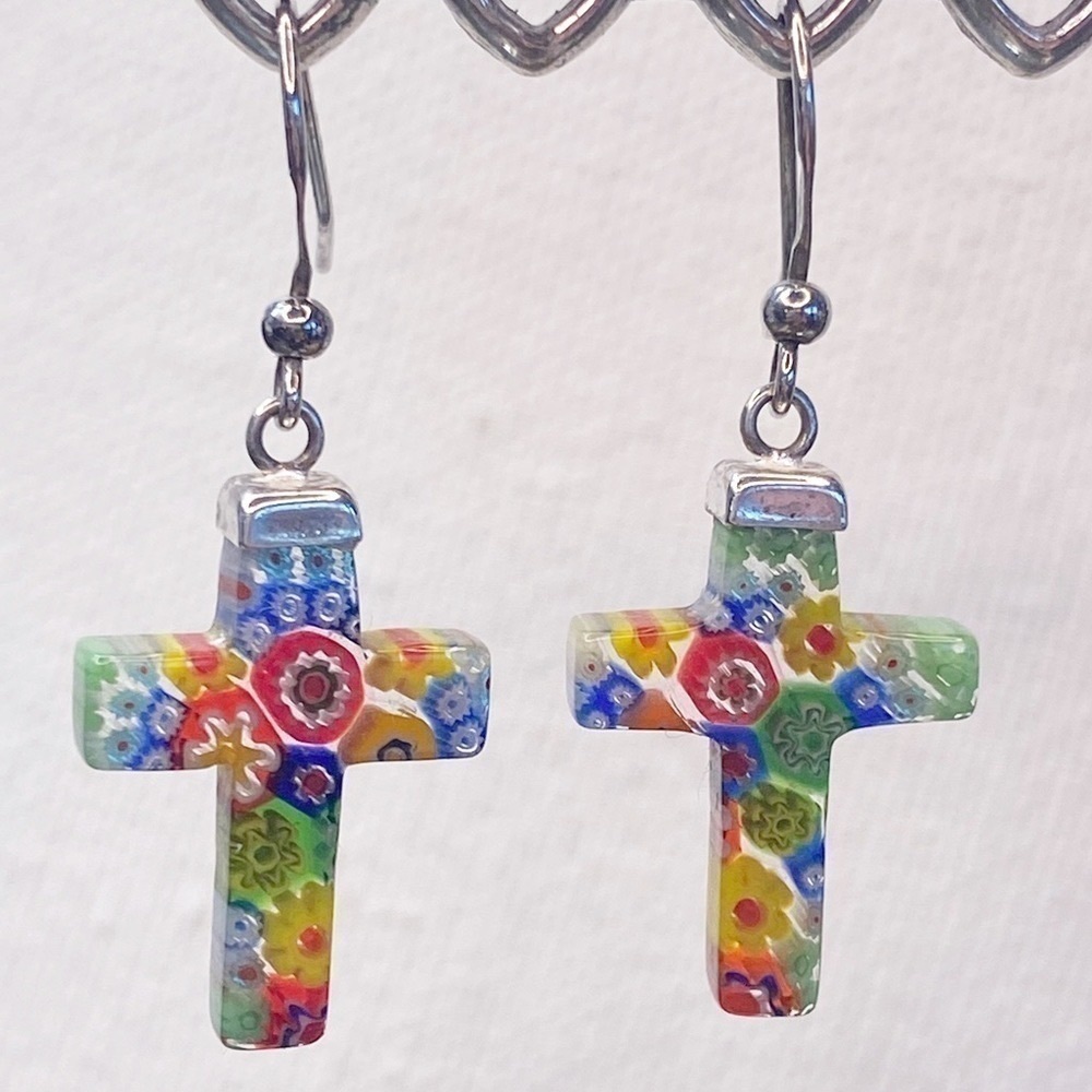Vintage Sterling Silver French Hook Murano Millefiori Art Glass Cross Earrings